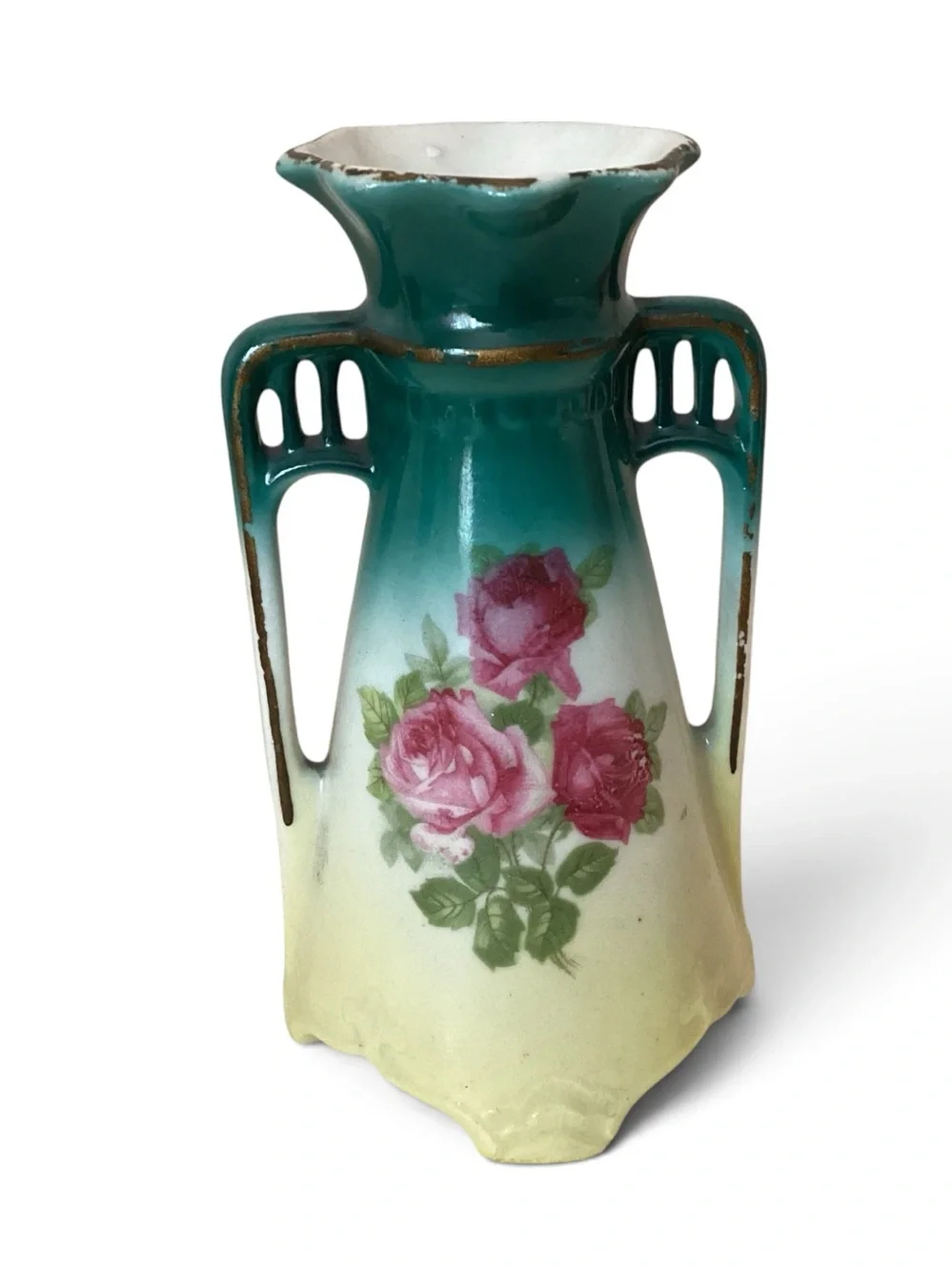 Antique Czechslovakia Pink Green Floral Porcelain Vase 6”